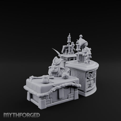 Candle-Lit Curiosity-Packed Climbing Gear Shop Counter Miniature for Dungeons and Dragons, Pathfinder or other TTRPGs