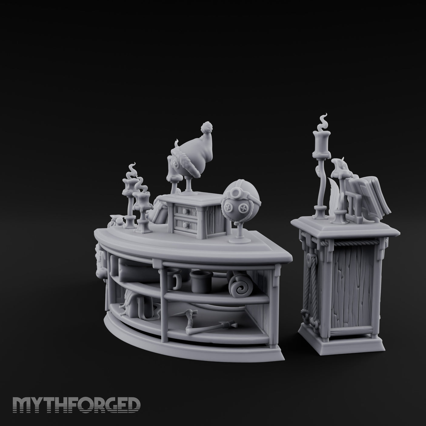 Candle-Lit Curiosity-Packed Climbing Gear Shop Counter Miniature for Dungeons and Dragons, Pathfinder or other TTRPGs