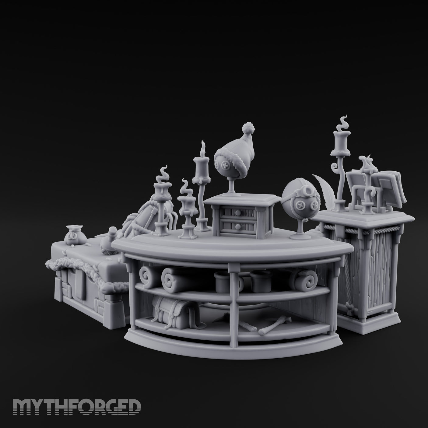 Candle-Lit Curiosity-Packed Climbing Gear Shop Counter Miniature for Dungeons and Dragons, Pathfinder or other TTRPGs