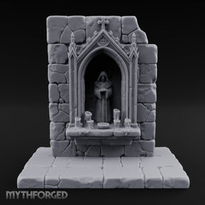 Candle-Ringed Gothic-Niched Hooded Saint Shrine Miniature for Dungeons and Dragons, Pathfinder or other TTRPGs