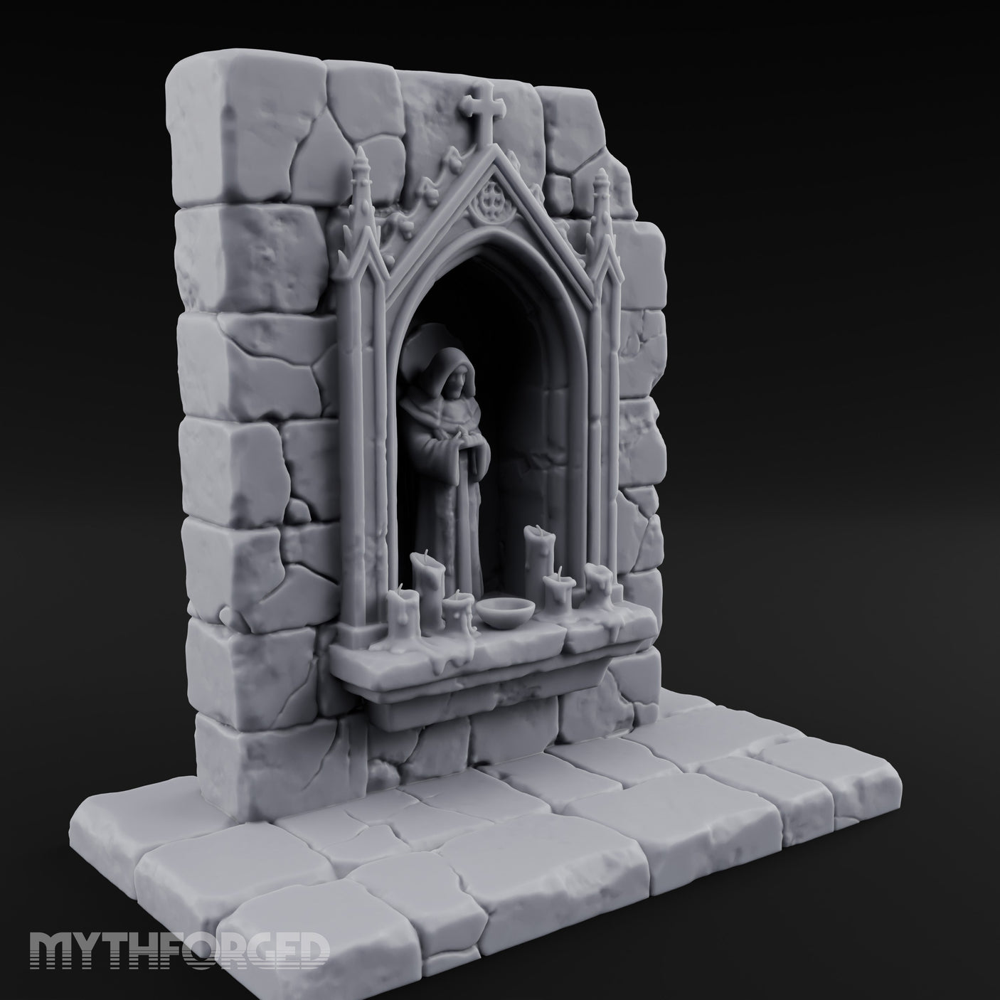 Candle-Ringed Gothic-Niched Hooded Saint Shrine Miniature for Dungeons and Dragons, Pathfinder or other TTRPGs