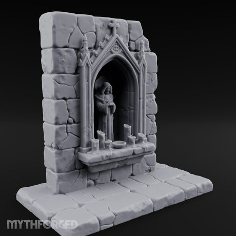 Candle-Ringed Gothic-Niched Hooded Saint Shrine Miniature for Dungeons and Dragons, Pathfinder or other TTRPGs