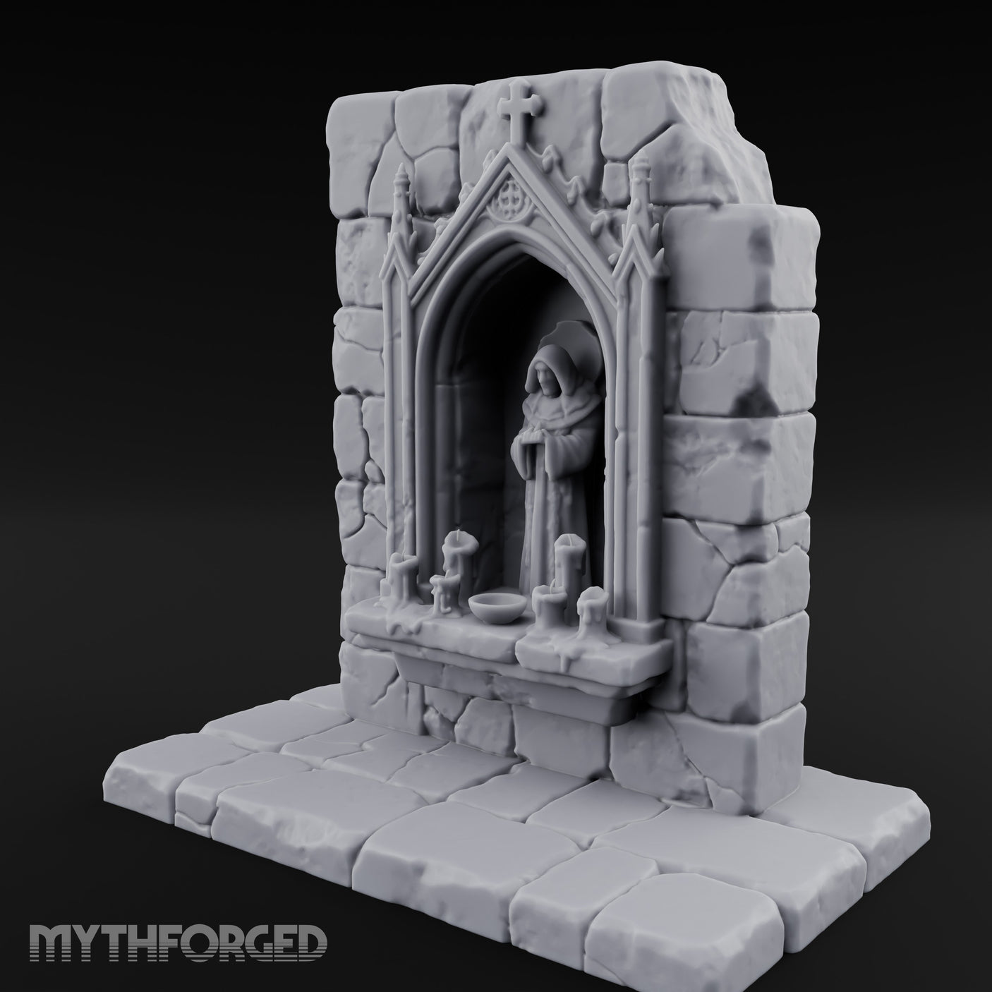 Candle-Ringed Gothic-Niched Hooded Saint Shrine Miniature for Dungeons and Dragons, Pathfinder or other TTRPGs