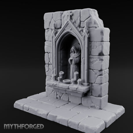 Candle-Ringed Gothic-Niched Hooded Saint Shrine Miniature for Dungeons and Dragons, Pathfinder or other TTRPGs
