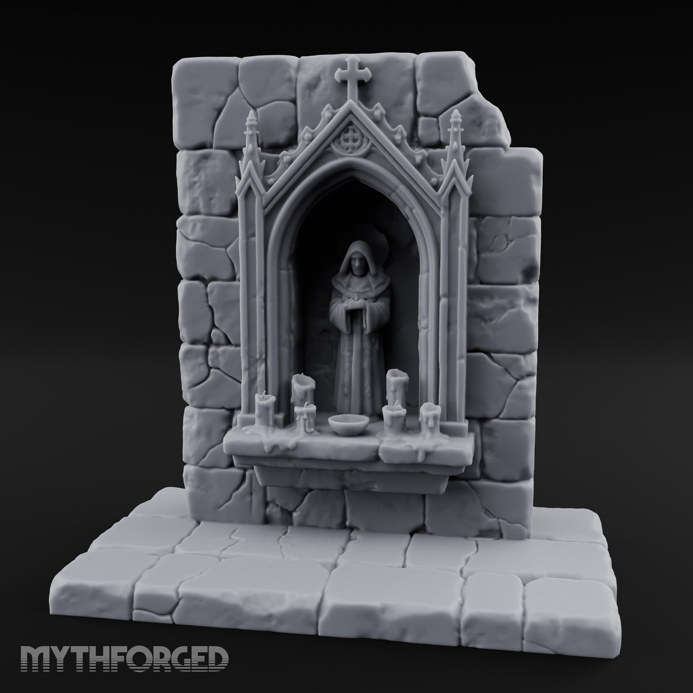 Candle-Ringed Gothic-Niched Hooded Saint Shrine Miniature for Dungeons and Dragons, Pathfinder or other TTRPGs