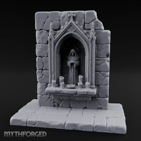 Candle-Ringed Gothic-Niched Hooded Saint Shrine Miniature for Dungeons and Dragons, Pathfinder or other TTRPGs