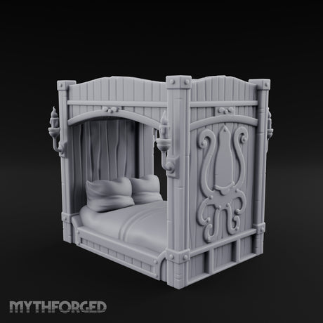 Candle-Sconce Tentacle-Carved Captain's Four-Poster Bed Miniature for Dungeons and Dragons, Pathfinder or other TTRPGs
