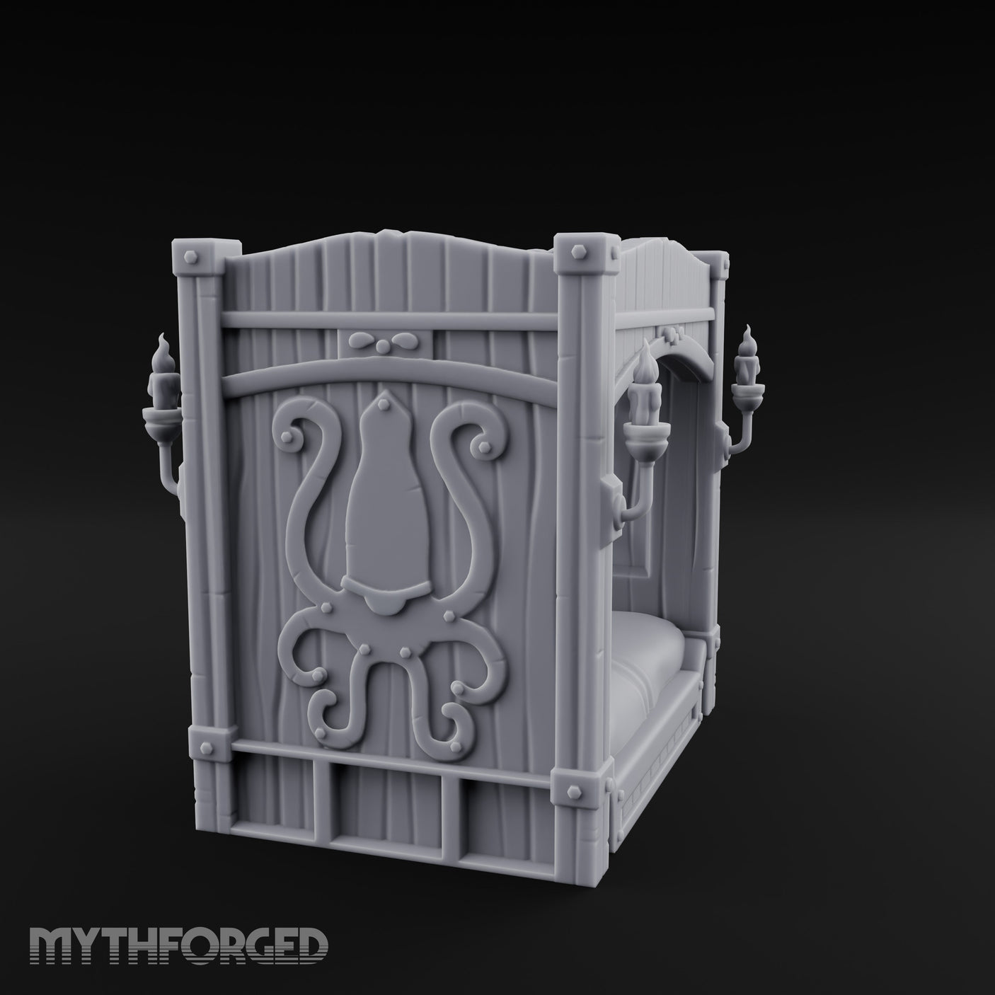 Candle-Sconce Tentacle-Carved Captain's Four-Poster Bed Miniature for Dungeons and Dragons, Pathfinder or other TTRPGs