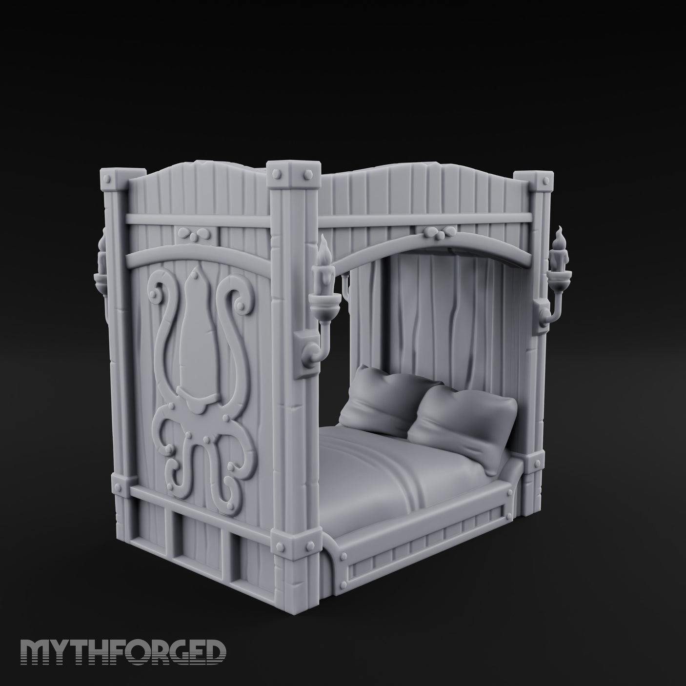 Candle-Sconce Tentacle-Carved Captain's Four-Poster Bed Miniature for Dungeons and Dragons, Pathfinder or other TTRPGs