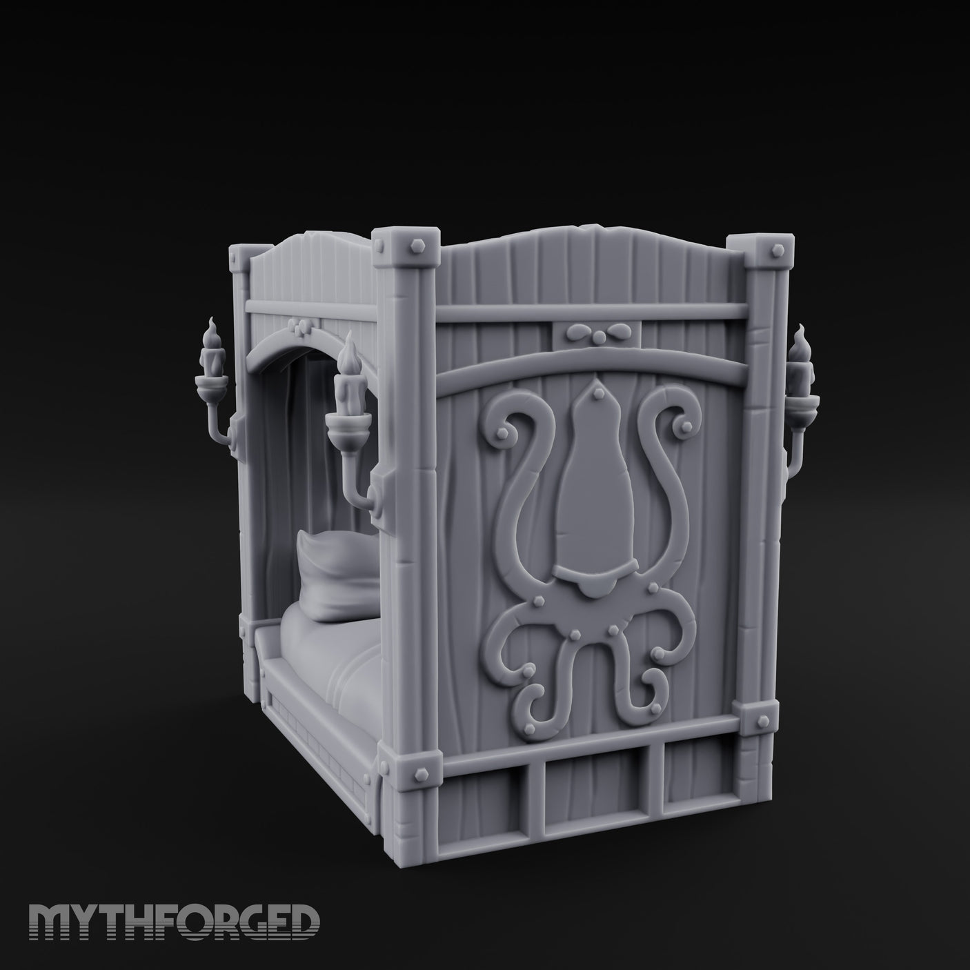 Candle-Sconce Tentacle-Carved Captain's Four-Poster Bed Miniature for Dungeons and Dragons, Pathfinder or other TTRPGs