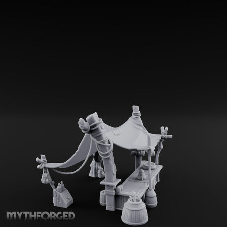 Canopy-Slung Bucket-Flanked Market Stall Counter Miniature for Dungeons and Dragons, Pathfinder or other TTRPGs