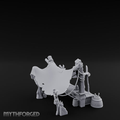 Canopy-Slung Bucket-Flanked Market Stall Counter Miniature for Dungeons and Dragons, Pathfinder or other TTRPGs