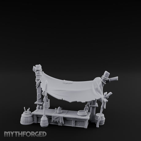 Canopy-Slung Bucket-Flanked Market Stall Counter Miniature for Dungeons and Dragons, Pathfinder or other TTRPGs