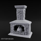 Cauldron-Hung Grate-Fronted Stone Hearth Fireplace Miniature for Dungeons and Dragons, Pathfinder or other TTRPGs
