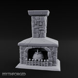 Cauldron-Hung Grate-Fronted Stone Hearth Fireplace Miniature for Dungeons and Dragons, Pathfinder or other TTRPGs