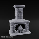 Cauldron-Hung Grate-Fronted Stone Hearth Fireplace Miniature for Dungeons and Dragons, Pathfinder or other TTRPGs