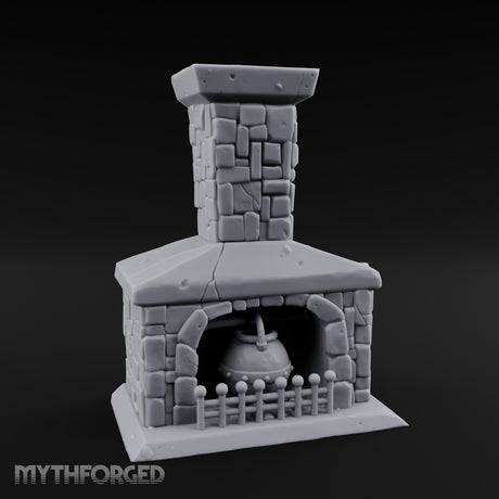 Cauldron-Hung Grate-Fronted Stone Hearth Fireplace Miniature for Dungeons and Dragons, Pathfinder or other TTRPGs