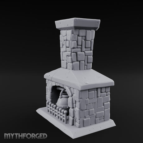Cauldron-Hung Grate-Fronted Stone Hearth Fireplace Miniature for Dungeons and Dragons, Pathfinder or other TTRPGs