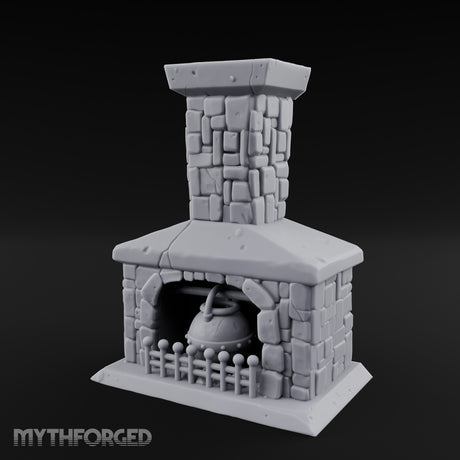 Cauldron-Hung Grate-Fronted Stone Hearth Fireplace Miniature for Dungeons and Dragons, Pathfinder or other TTRPGs