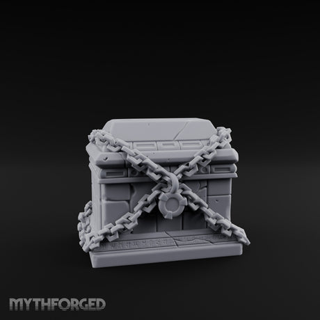 Chain-Crossed Rune-Banded Stone Treasure Chest Miniature for Dungeons and Dragons, Pathfinder or other TTRPGs