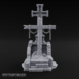 Chain-Hung Splinter-Shafted Crucifix Shrine Dais Miniature for Dungeons and Dragons, Pathfinder or other TTRPGs