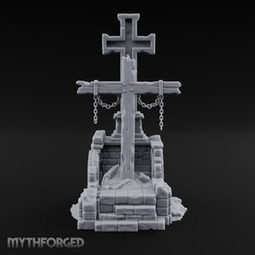 Chain-Hung Splinter-Shafted Crucifix Shrine Dais Miniature for Dungeons and Dragons, Pathfinder or other TTRPGs