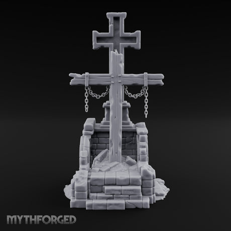 Chain-Hung Splinter-Shafted Crucifix Shrine Dais Miniature for Dungeons and Dragons, Pathfinder or other TTRPGs