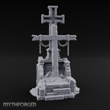 Chain-Hung Splinter-Shafted Crucifix Shrine Dais Miniature for Dungeons and Dragons, Pathfinder or other TTRPGs