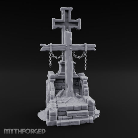 Chain-Hung Splinter-Shafted Crucifix Shrine Dais Miniature for Dungeons and Dragons, Pathfinder or other TTRPGs