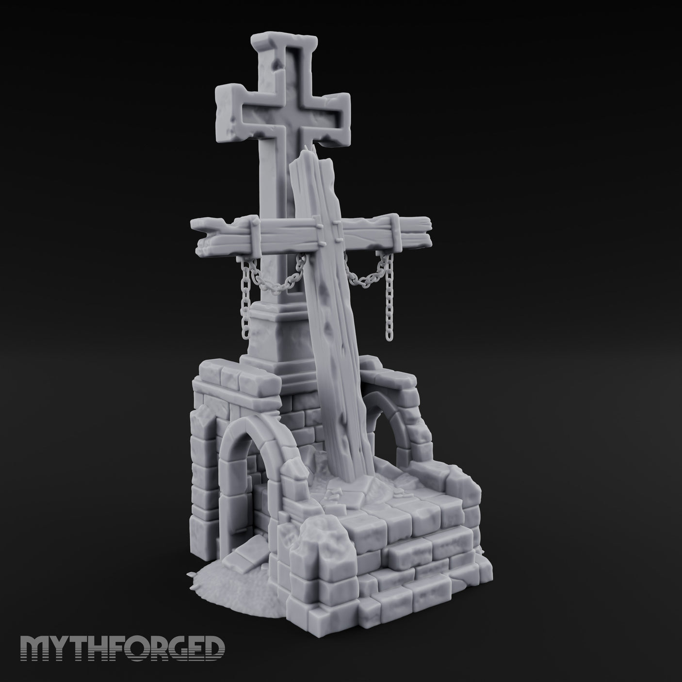 Chain-Hung Splinter-Shafted Crucifix Shrine Dais Miniature for Dungeons and Dragons, Pathfinder or other TTRPGs