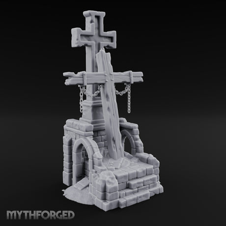 Chain-Hung Splinter-Shafted Crucifix Shrine Dais Miniature for Dungeons and Dragons, Pathfinder or other TTRPGs