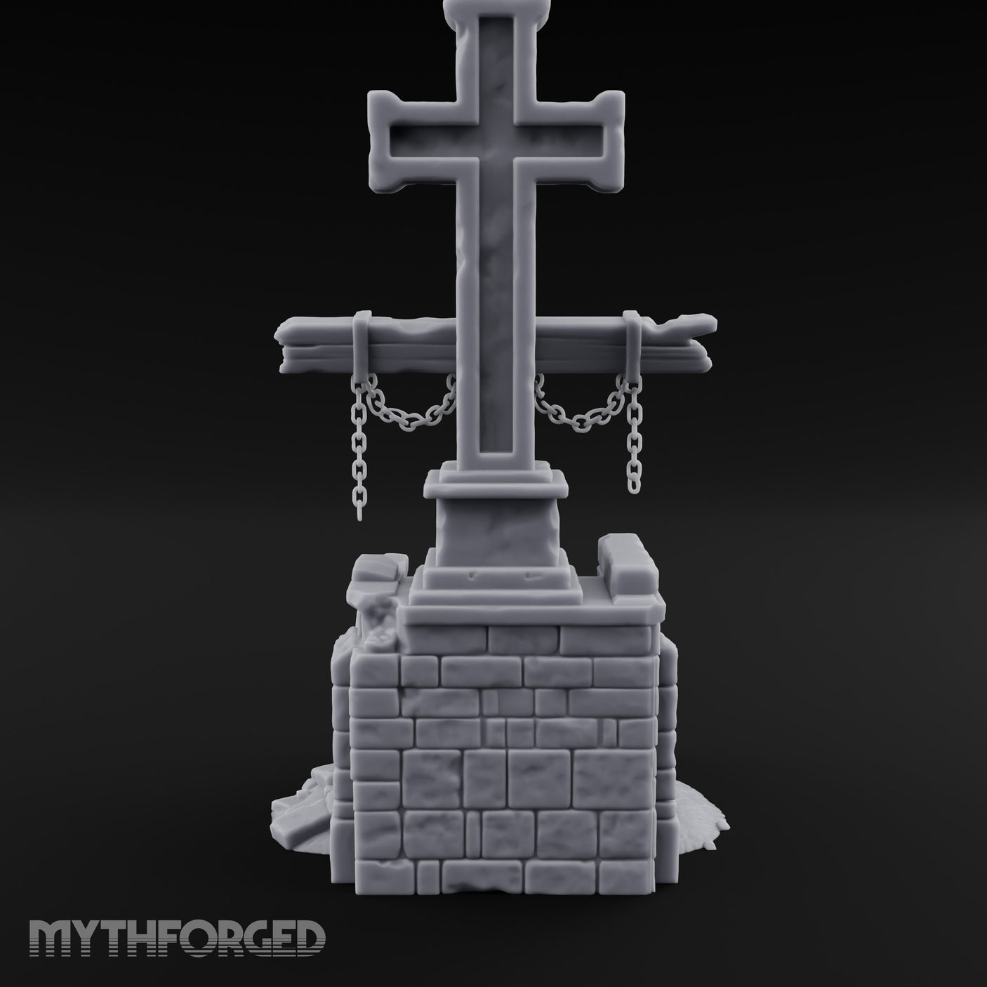 Chain-Hung Splinter-Shafted Crucifix Shrine Dais Miniature for Dungeons and Dragons, Pathfinder or other TTRPGs
