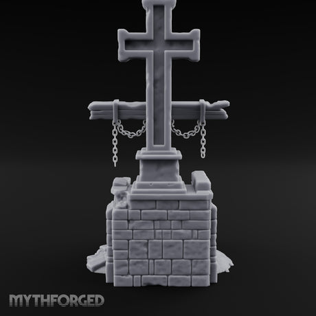 Chain-Hung Splinter-Shafted Crucifix Shrine Dais Miniature for Dungeons and Dragons, Pathfinder or other TTRPGs