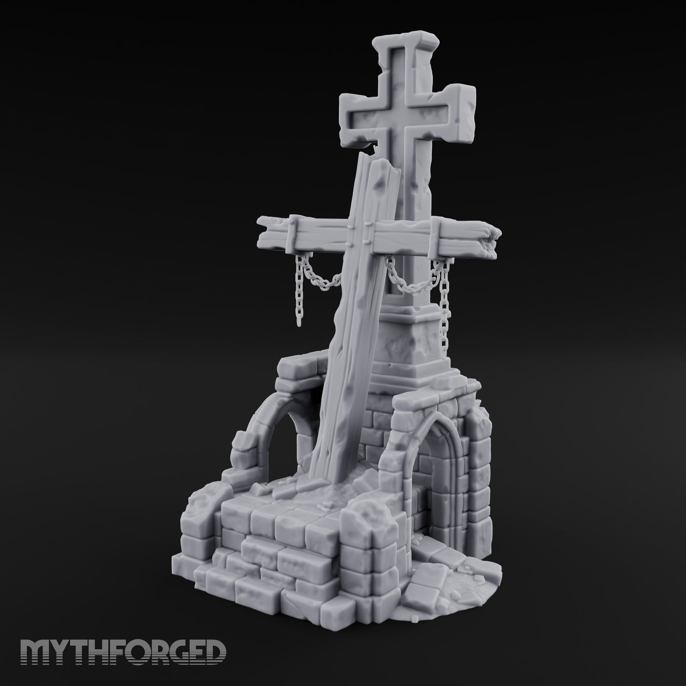 Chain-Hung Splinter-Shafted Crucifix Shrine Dais Miniature for Dungeons and Dragons, Pathfinder or other TTRPGs