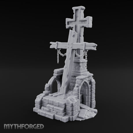 Chain-Hung Splinter-Shafted Crucifix Shrine Dais Miniature for Dungeons and Dragons, Pathfinder or other TTRPGs