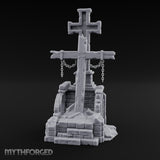 Chain-Hung Splinter-Shafted Crucifix Shrine Dais Miniature for Dungeons and Dragons, Pathfinder or other TTRPGs