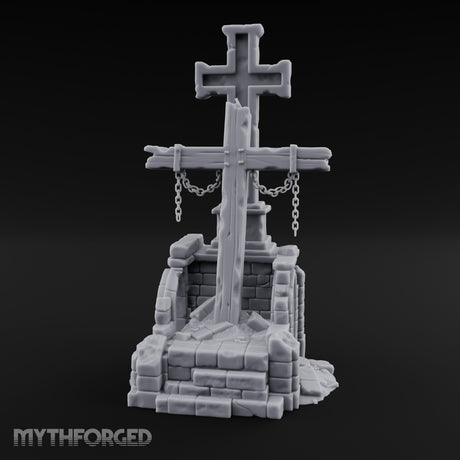 Chain-Hung Splinter-Shafted Crucifix Shrine Dais Miniature for Dungeons and Dragons, Pathfinder or other TTRPGs
