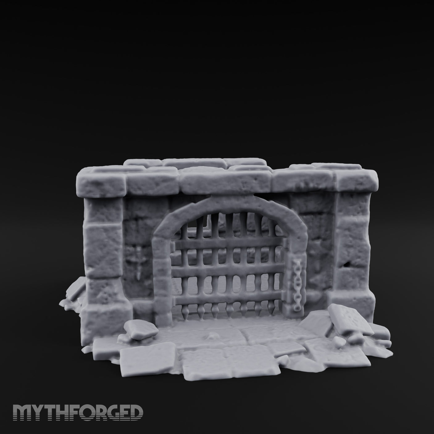 Chain-Locked Rubble-Strewn Dungeon Portcullis Wall Miniature for Dungeons and Dragons, Pathfinder or other TTRPGs
