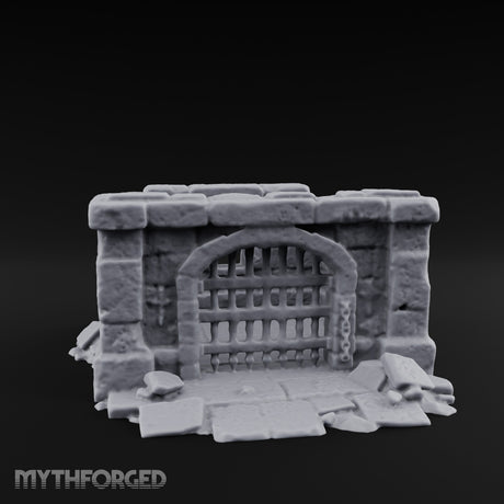 Chain-Locked Rubble-Strewn Dungeon Portcullis Wall Miniature for Dungeons and Dragons, Pathfinder or other TTRPGs