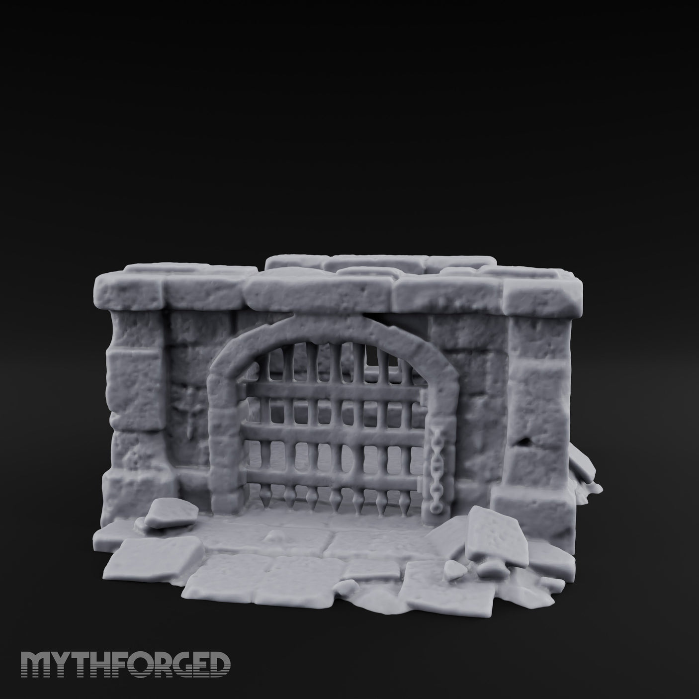 Chain-Locked Rubble-Strewn Dungeon Portcullis Wall Miniature for Dungeons and Dragons, Pathfinder or other TTRPGs