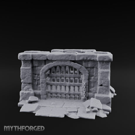 Chain-Locked Rubble-Strewn Dungeon Portcullis Wall Miniature for Dungeons and Dragons, Pathfinder or other TTRPGs