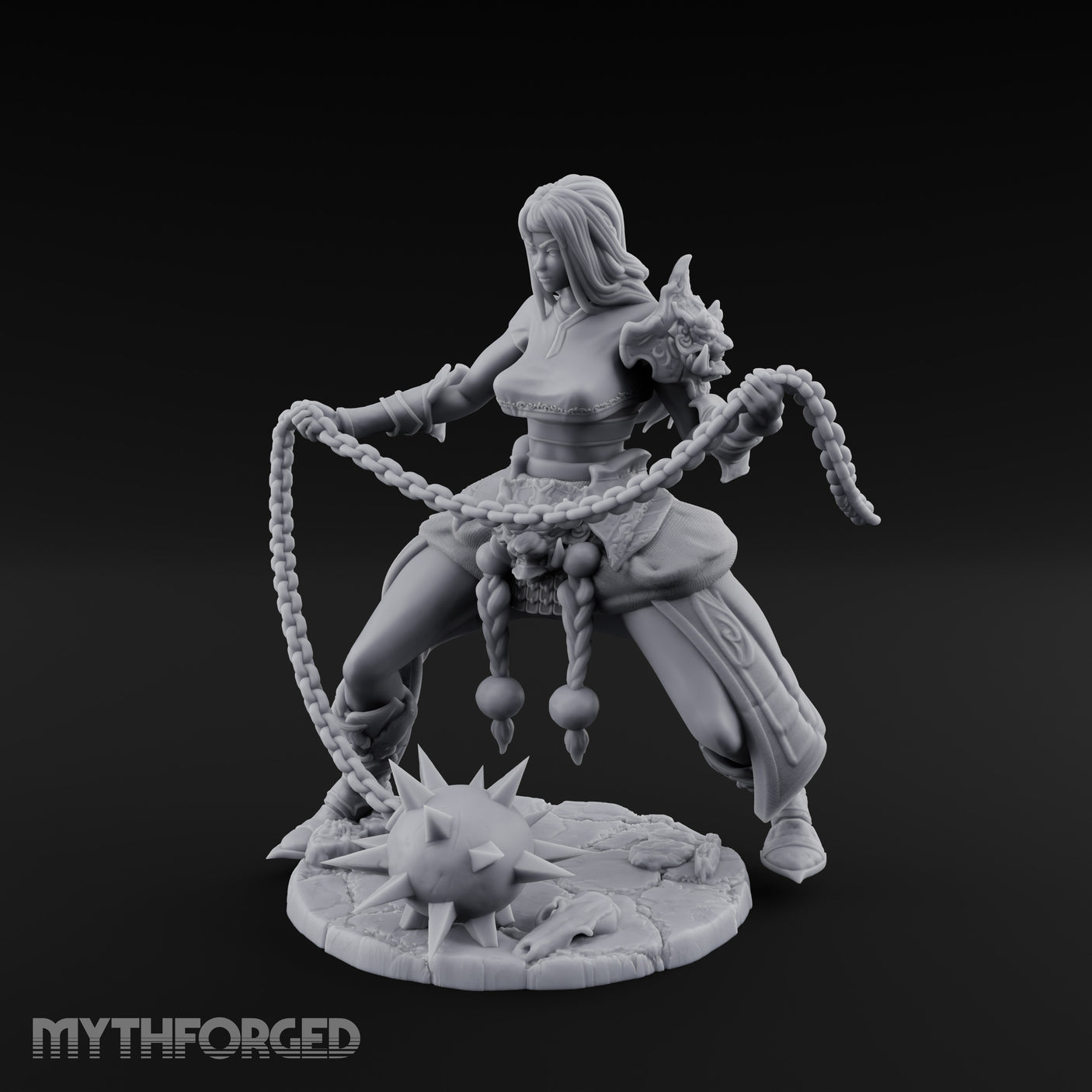 Chain Whipping Crouching Human Fighter Miniature for Dungeons and Dragons, Pathfinder or other TTRPGs