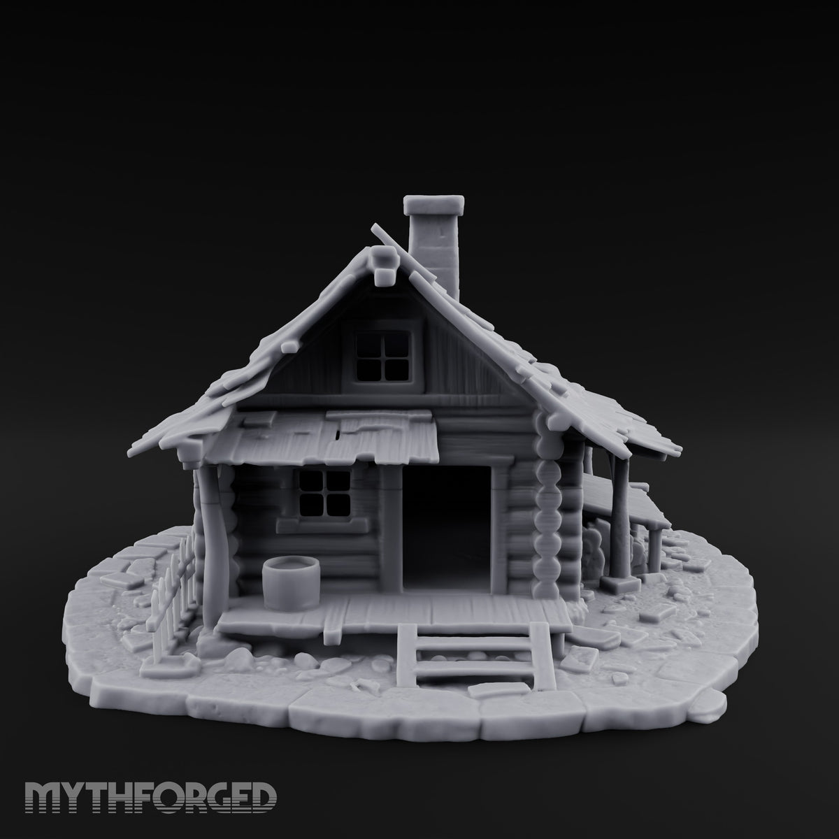 Chimney-Crowned Porch-Sagging Frontier Log Cabin Miniature for Dungeons and Dragons, Pathfinder or other TTRPGs