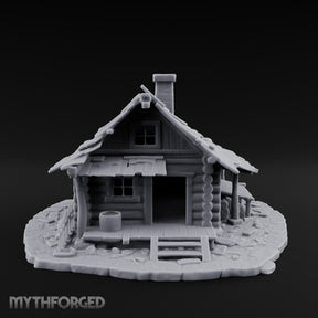 Chimney-Crowned Porch-Sagging Frontier Log Cabin Miniature for Dungeons and Dragons, Pathfinder or other TTRPGs