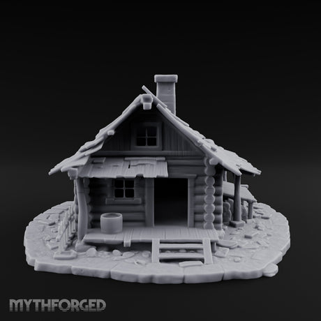 Chimney-Crowned Porch-Sagging Frontier Log Cabin Miniature for Dungeons and Dragons, Pathfinder or other TTRPGs