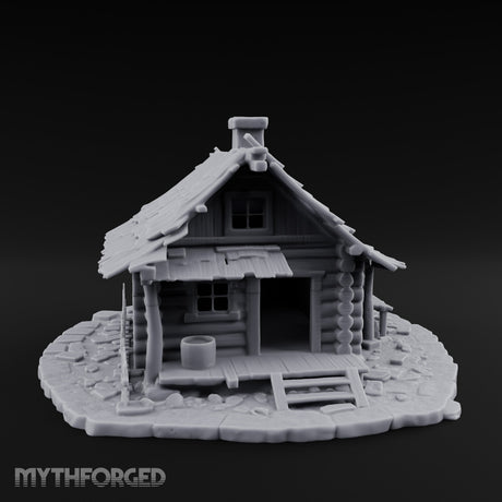 Chimney-Crowned Porch-Sagging Frontier Log Cabin Miniature for Dungeons and Dragons, Pathfinder or other TTRPGs