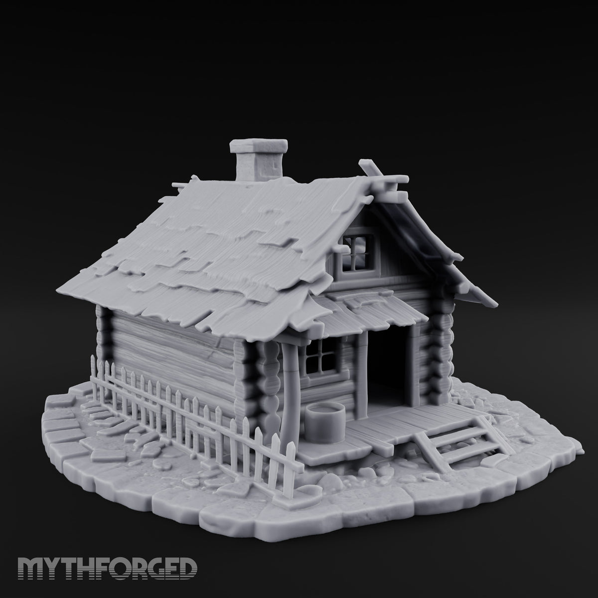 Chimney-Crowned Porch-Sagging Frontier Log Cabin Miniature for Dungeons and Dragons, Pathfinder or other TTRPGs