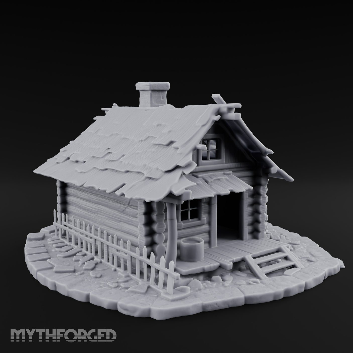 Chimney-Crowned Porch-Sagging Frontier Log Cabin Miniature for Dungeons and Dragons, Pathfinder or other TTRPGs