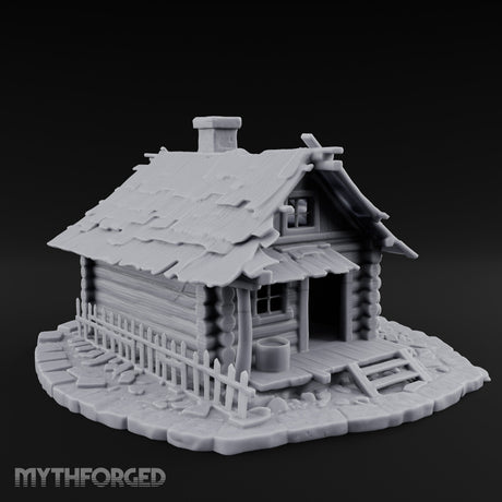 Chimney-Crowned Porch-Sagging Frontier Log Cabin Miniature for Dungeons and Dragons, Pathfinder or other TTRPGs