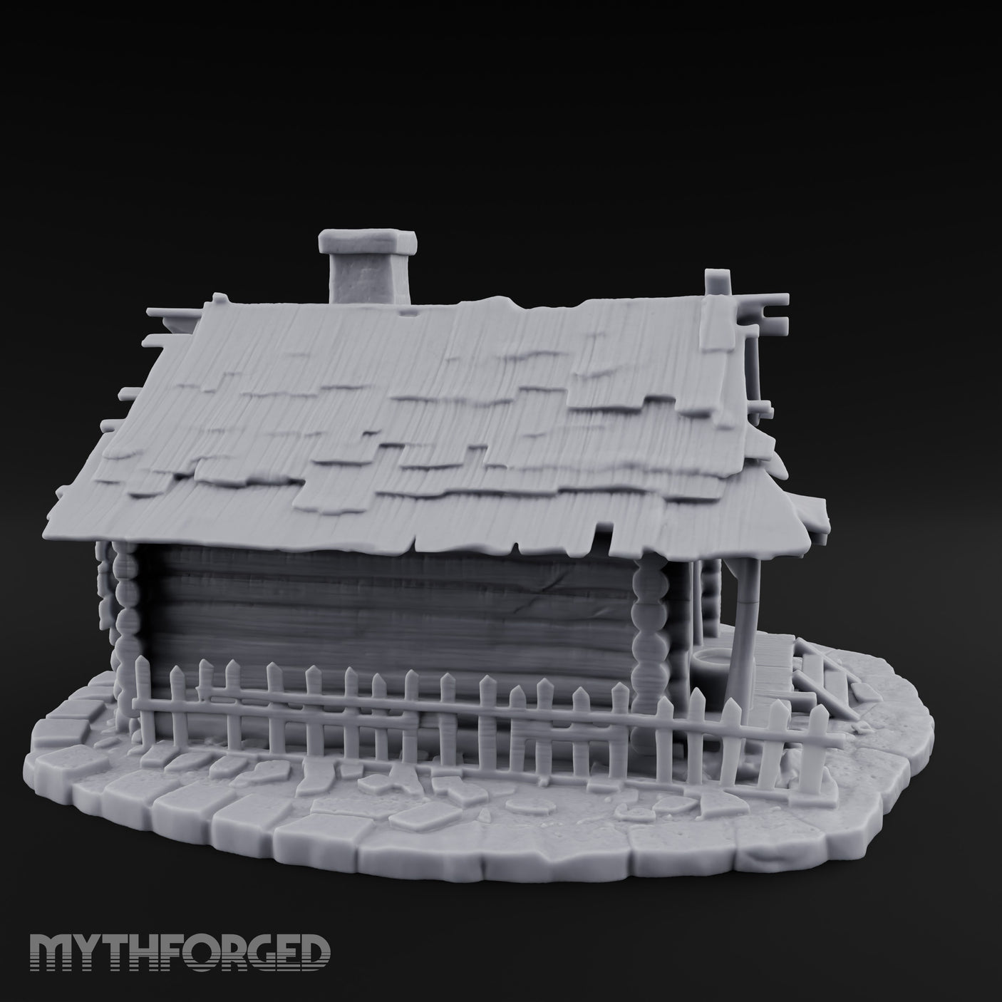 Chimney-Crowned Porch-Sagging Frontier Log Cabin Miniature for Dungeons and Dragons, Pathfinder or other TTRPGs